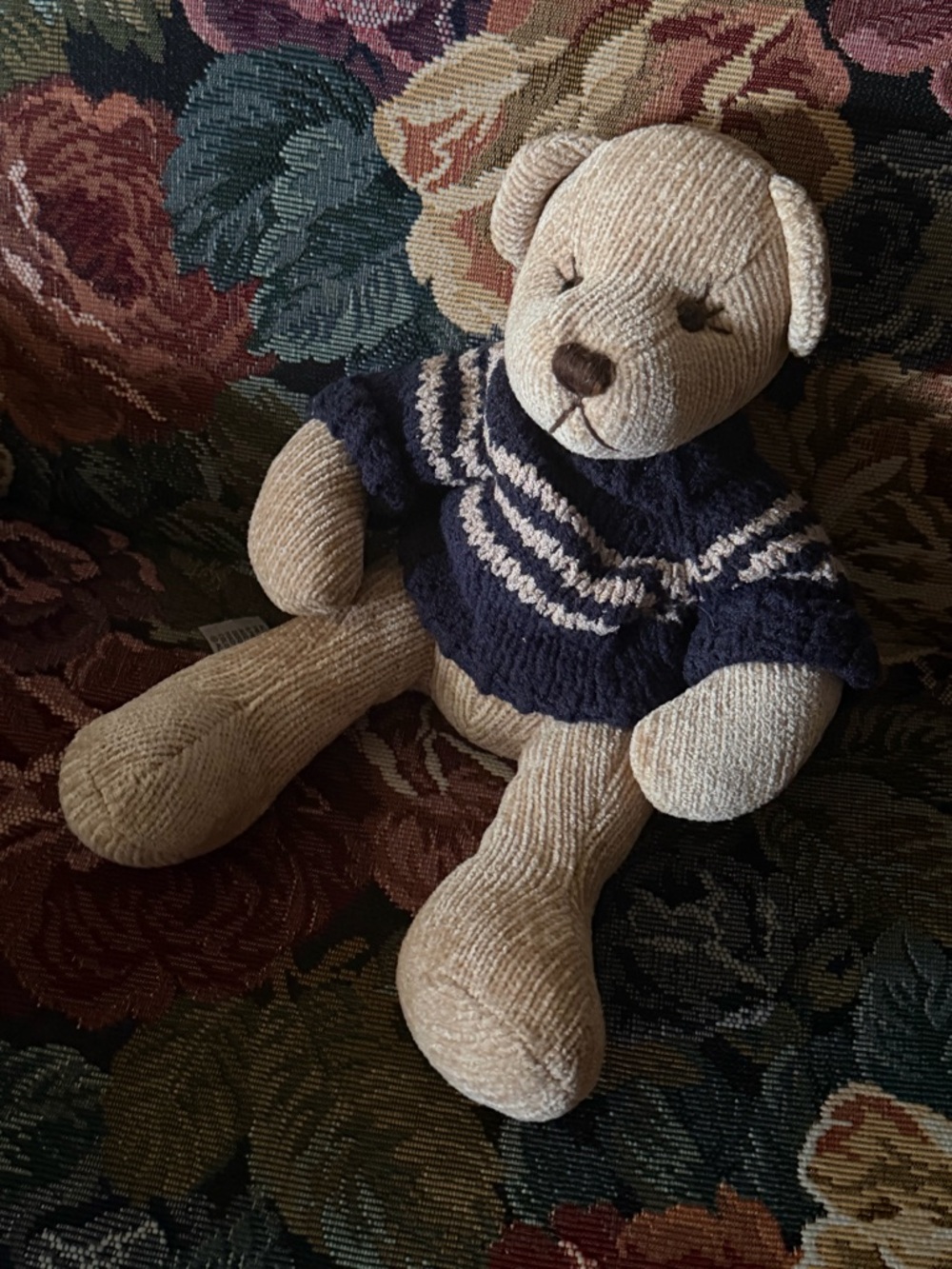 Vintage Teddy Bear wearing a Crochet Sweater Plush Stuffed Animal PLUSHIE